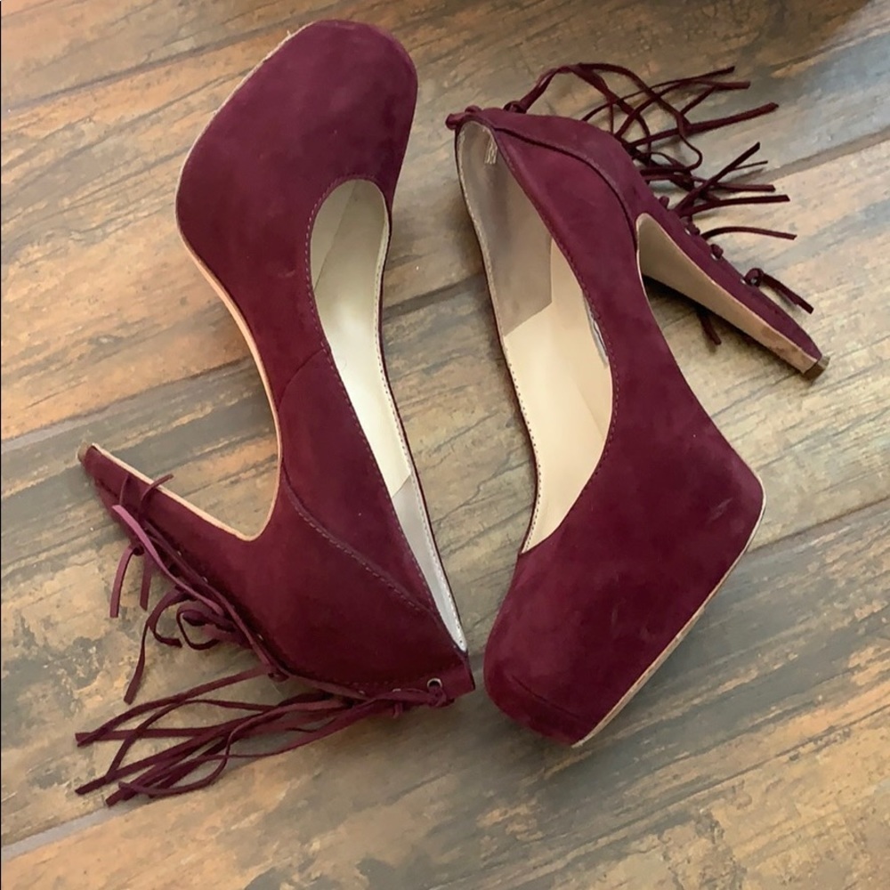 Brian Atwood suede fringe platform heels